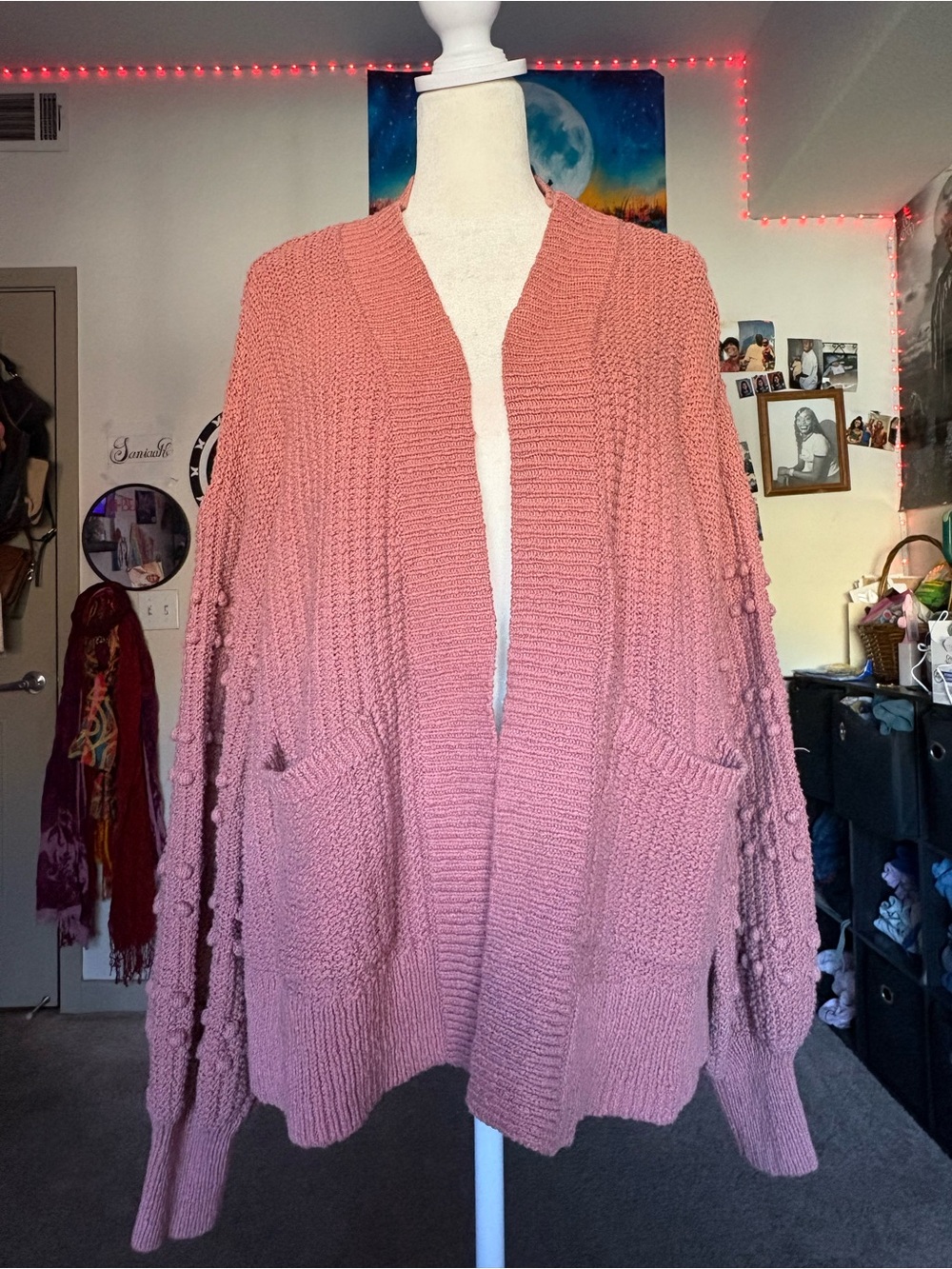 Women's Pink Open-Front Chunky Knit Cardigan Sweater